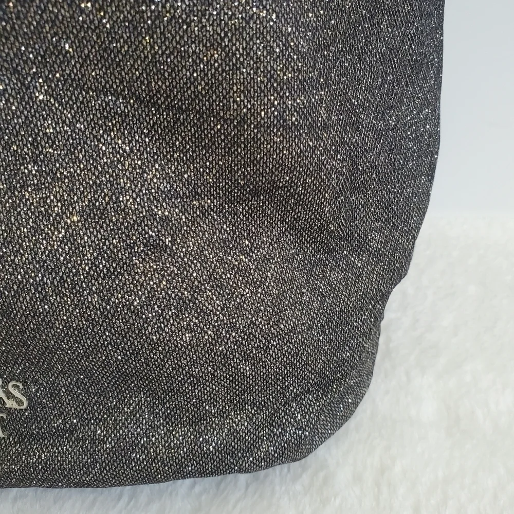 Victoria's Secret VS Bucket Backpack Black Silver Glitter Drawstring Tote Bag